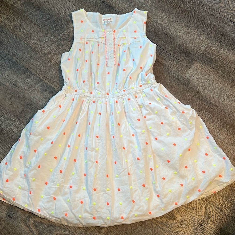 Cat & Jack Girls Large 10/12 Dress Summer White Neon Polka Dot L Pockets - Picture 2 of 9